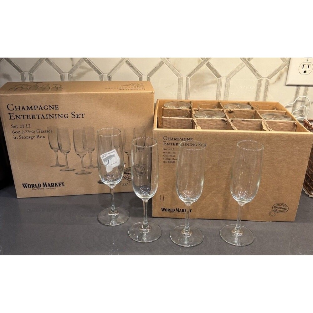 World Market 12pc Champagne Glasses Entertaining Set in Storage Box 8" Tall 6oz
